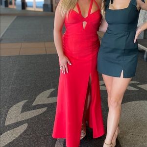 BCBG RED STRAPPY KEYHOLE DRESS WITH SLIT